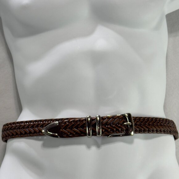 PERRY ELLIS Portfolio Mens Brown Braided Leather Belt Silver-Tone Buckle & Loops - Picture 1 of 11